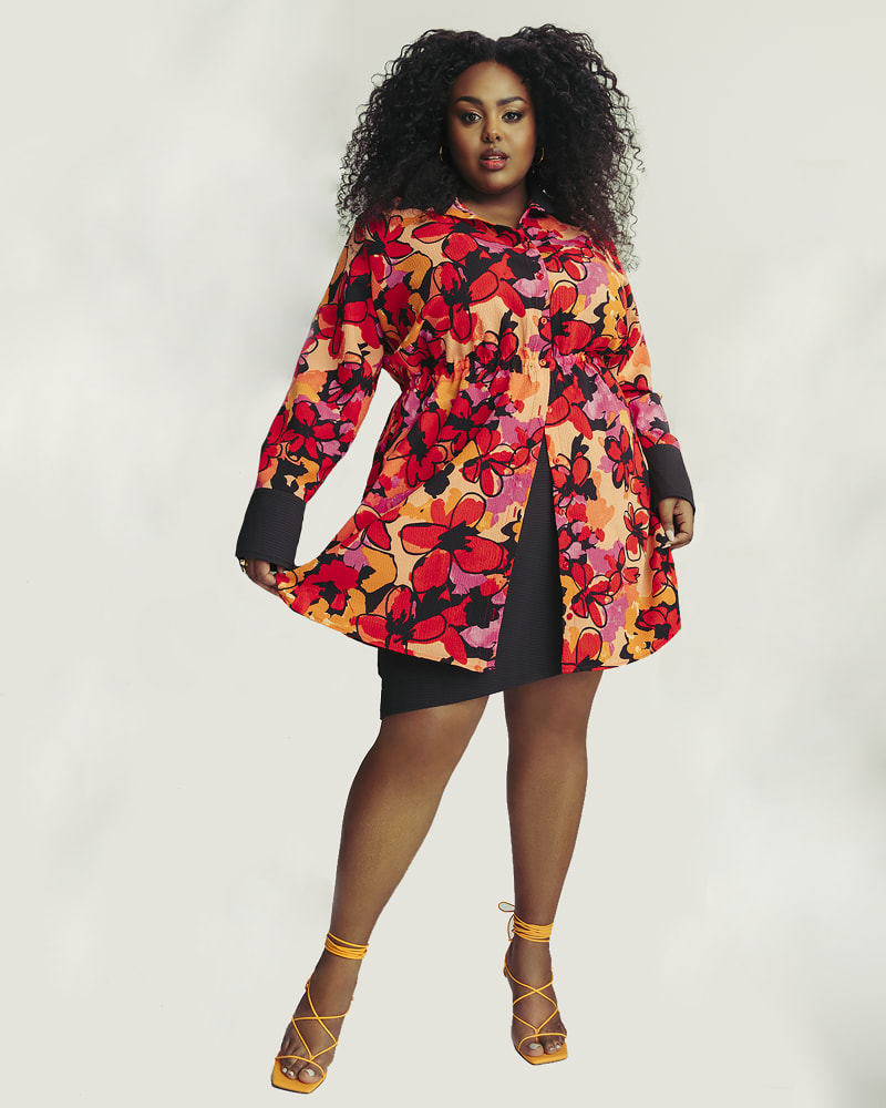 Front of a model wearing a size XL Oversized Floral Blouse Dress in Red by Hilary MacMillan. | dia_product_style_image_id:288099